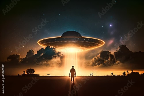 Flying saucer at night in a field and a silhouette of a person below. Invasion of extraterrestrial life, contact with aliens photo