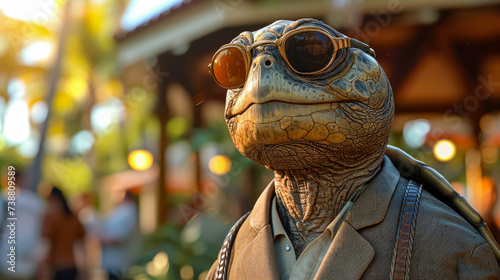 Stylish turtle ambles through city streets in tailored elegance  epitomizing street style. The realistic urban backdrop frames this shelled reptile  seamlessly merging slow-paced charm with contempora