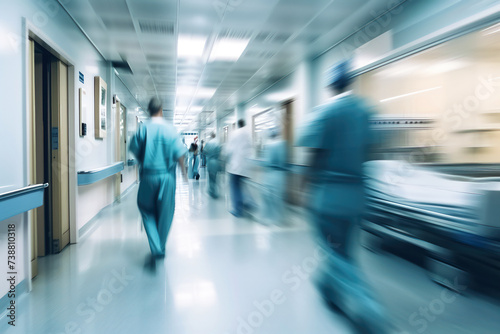 Long exposure shot of a hospital corridor with blurred doctors and nurses in blue tones © sonatik