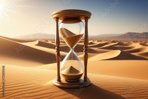 Big hourglass on the desert surrounded by dunes,, sand falling and minutes counting, time concept. Copy space