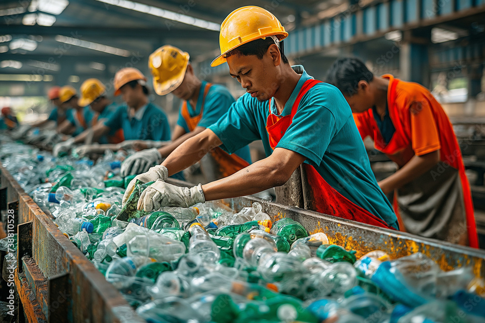 Group of men selecting plastic bottles at recycling factory - obrazy, fototapety, plakaty 