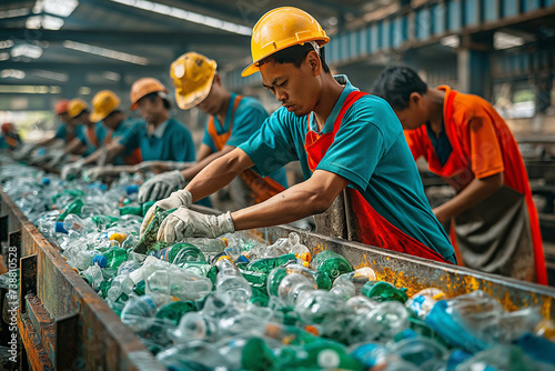 Group of men selecting plastic bottles at recycling factory
