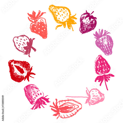 Strawberry wreath with berries drawings for juice label, cosmetics packaging design, healthy food banner template. Hand-drawn vector strawberries garland illustration. Red berry chaplet.