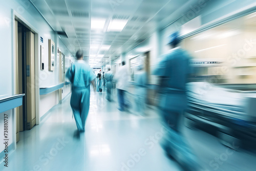 Long exposure shot of a hospital corridor with blurred doctors and nurses in blue tones
