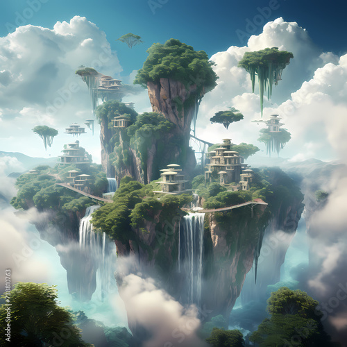 Floating islands in the sky with waterfalls.