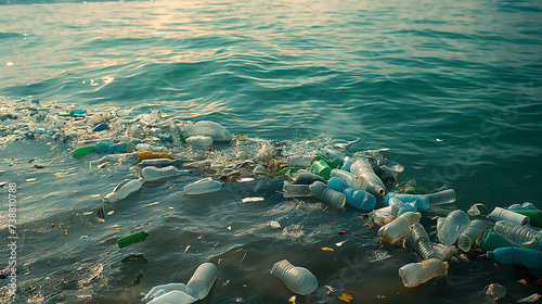 plastic bottles in the ocean, garbage in the shore, ambiental problems, ocean pollution