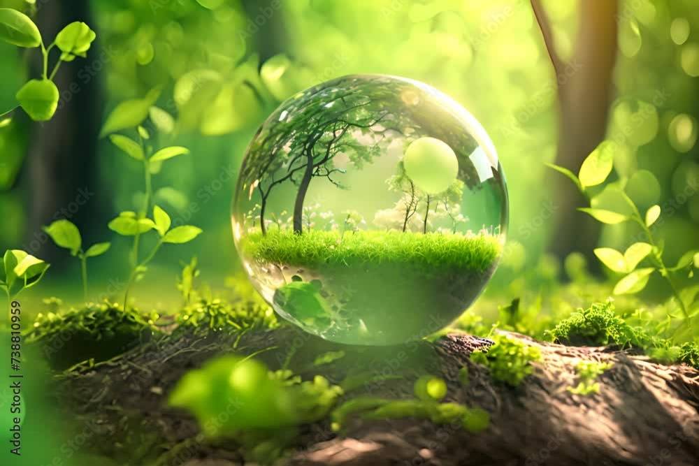 Globe Glass on green grass forest with sunlight. Environment, save world, earth day and conservation concept Globe Glass on green grass forest with sunlight. Environment, save world, earth day and conservation concept