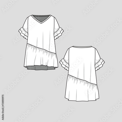 Tiered Ruffles Sleeve Top Gathering Ruffle high low dip hem  Fashion flat sketch