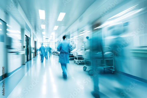 Long exposure shot of a hospital corridor with blurred doctors and nurses in blue tones photo