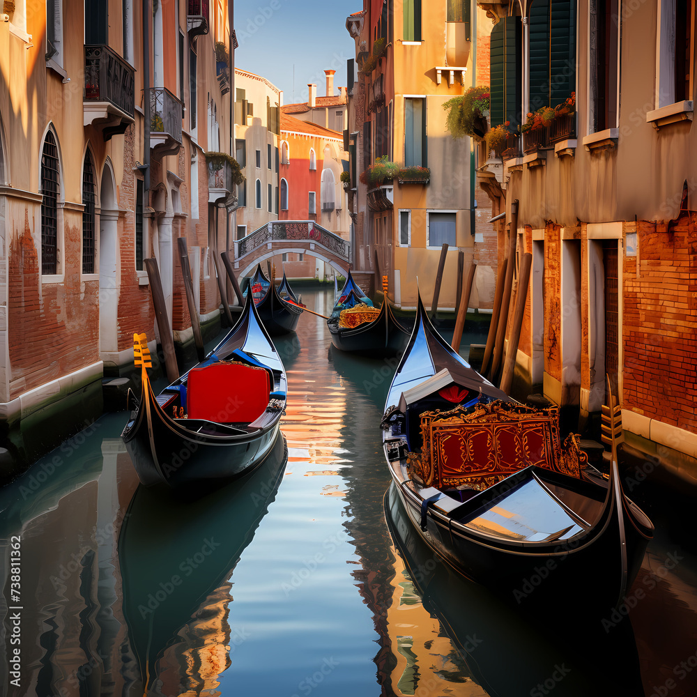 Gondolas on a tranquil Venice canal. 