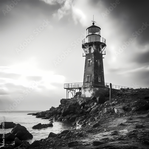 Grayscale photo of an old lighthouse.