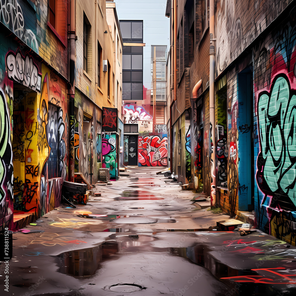 Grunge-style urban alley with graffiti.