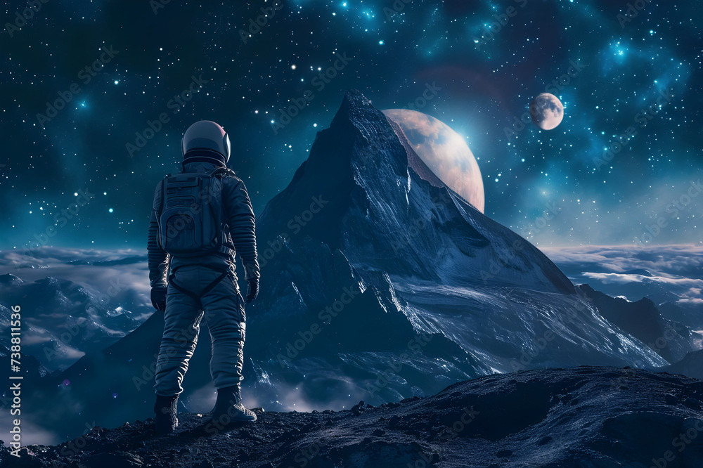 Female Astronaut Looking towards mountain majestic night scene - Ai Generated