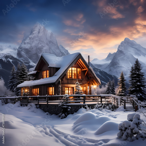 Mountain cabin covered in snow.