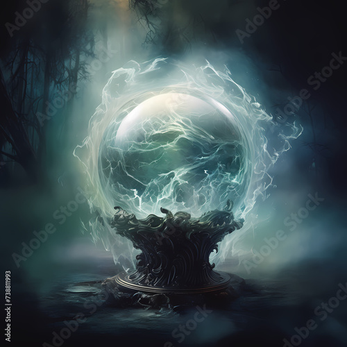 Mystic crystal ball with swirling mist. 