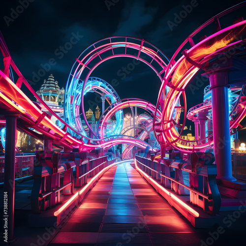 Neon-lit rollercoaster at an amusement park.