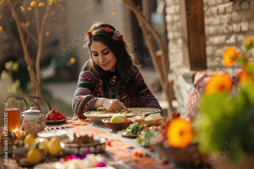 Traditional Nowruz symbols and stories in a contemporary setting, connecting them to relevant social issues, personal experiences, or environmental awareness. photo