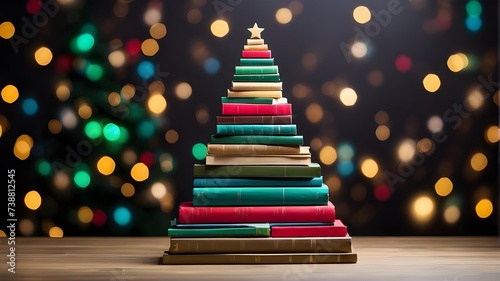  A Christmas tree constructed out of books. Christmas tree-shaped colorful books with bokeh lights in the background. Christmas background with a creative and minimalist feel. Christmas reading
