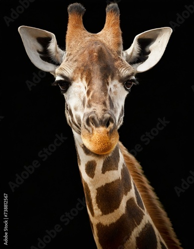 close up of giraffe head on black