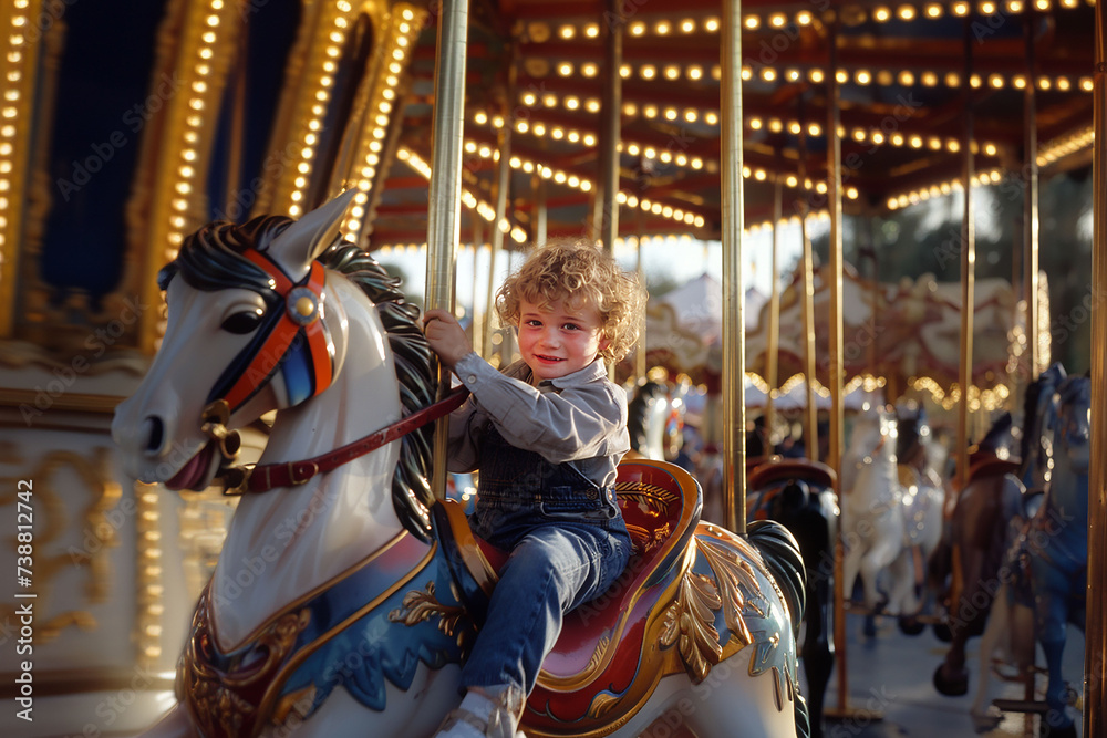 Cute little boy riding on a merry-go-round carousel