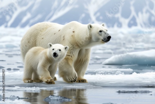 Mother Polar Bear with Cub in Arctic Landscape, Wildlife Conservation Concept