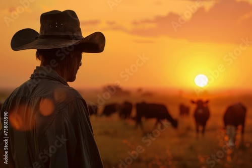 Cowboy Hat-Wearing Man Observing Cattle Herd. Generative AI