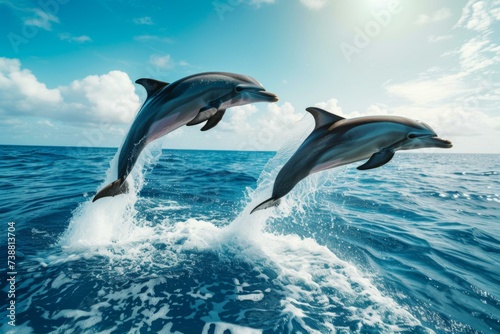 Graceful Dolphins Leaping Over Sea Waves, Marine Life Concept © Skyfe