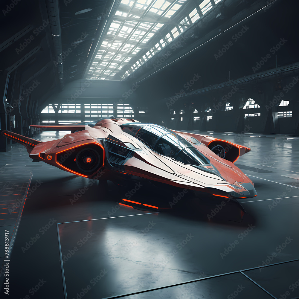 Sci-fi spaceship in a futuristic hangar.