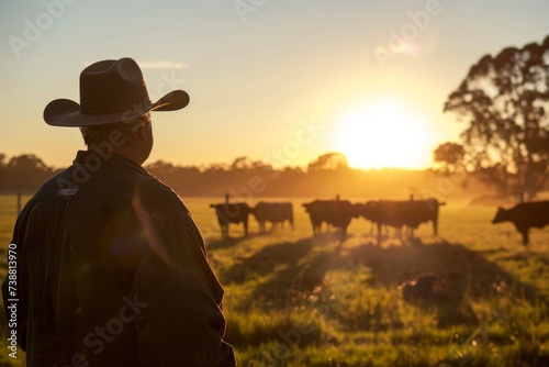Cowboy Hat-wearing Man Standing in Front of Cattle Herd. Generative AI