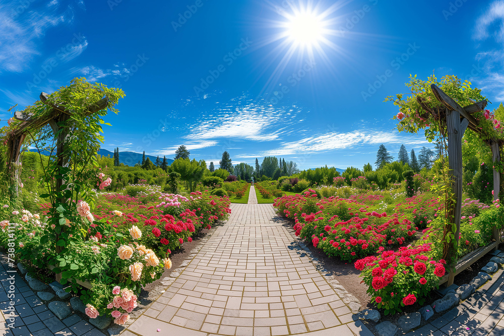 A garden of colorful roses in the middle of a bright sky.