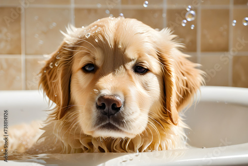 A puppy taking a bath. Generative AI