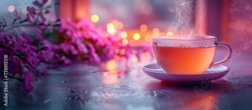 Bright close-up of a steaming cup of tea with gentle rising vapors under lilac lighting