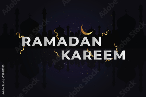 Ramadan Kareem writing with a mosque and stars background. suitable for greetings for Ramadhan Kareem celebrations in the Muslim community.