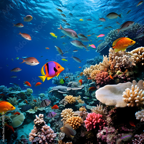 Underwater coral reef with vibrant fish.