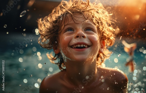 a child with wet hair and water splashing