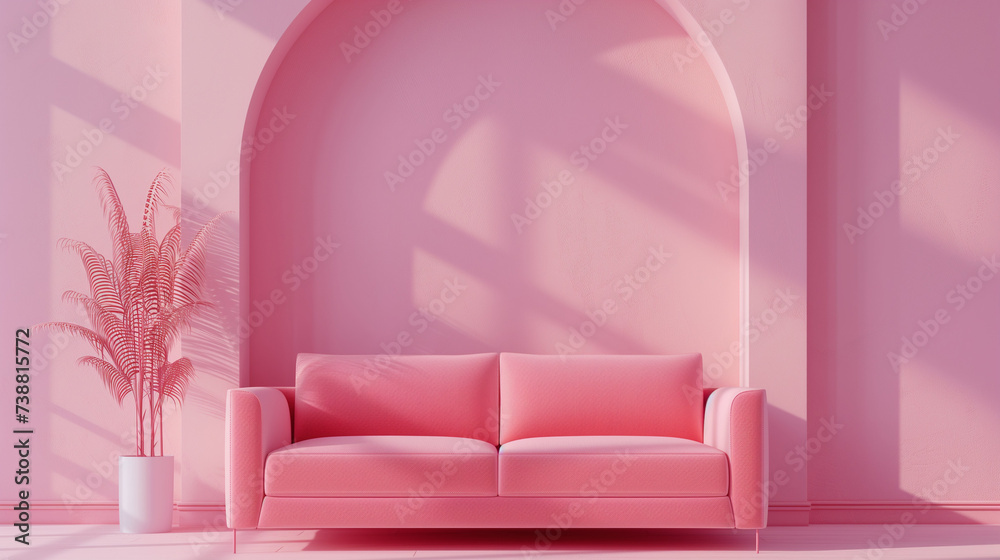 Minimalist Pink Modern Sofa in Stylish Archway Living Room Interior