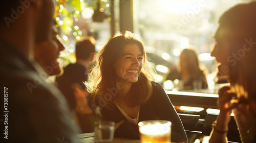 Cheerful Young Woman Enjoying Conversation in Bright Cafe Setting