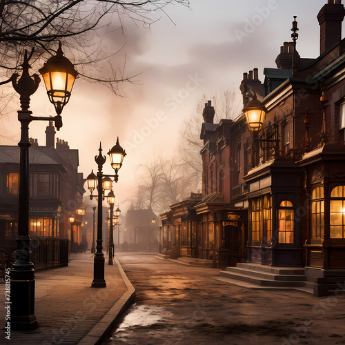 Victorian-era street with gas lamps.