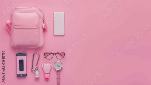 Pink Accessories Flat Lay: Minimalistic Women’s Fashion Essentials, Minimalist, Copy Space, Blank Space, Background, Top View