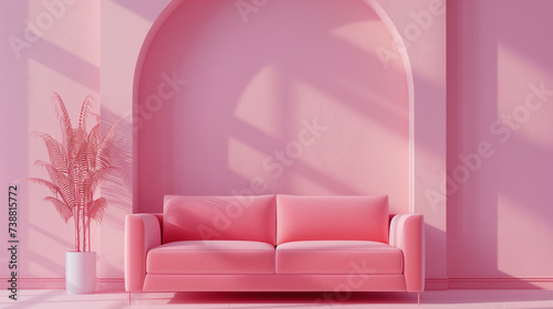 Minimalist Pink Modern Sofa in Stylish Archway Living Room Interior