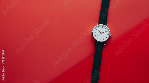 Elegant Black Wristwatch, Red Background, Minimalist Design, Flat Lay, Minimalist, Blank Space, Copy Space