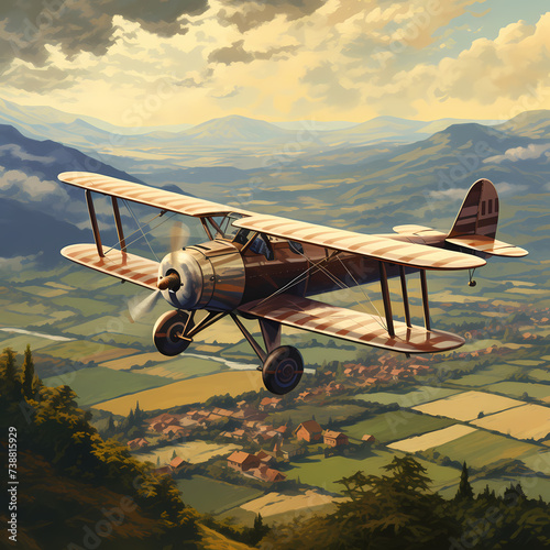 Vintage biplane flying over a countryside.