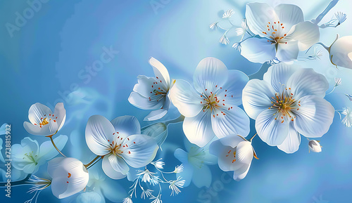 white flowers on a blue background in the style of al