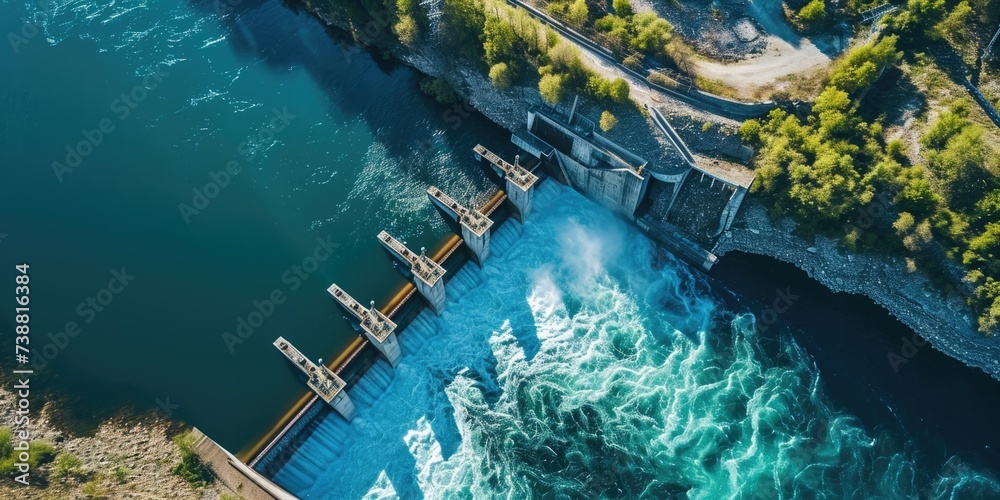 Aerial View of Hydroelectric Dam: Powering Industry and Harnessing Nature's Energy - obrazy, fototapety, plakaty 