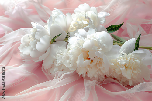 white peonies in bouquet on pink background in the st