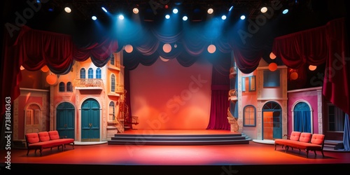a stage with red curtains and a red stage with a red curtain and a blue light