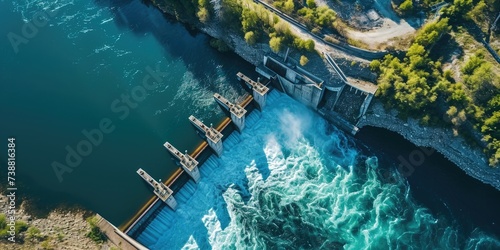Aerial View of Hydroelectric Dam: Powering Industry and Harnessing Nature's Energy © AIGen
