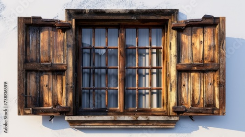 Classic Wooden Window with Shutters on White Background - Exterior Isolated Design