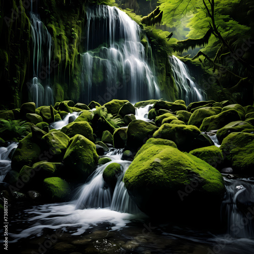 Waterfall cascading down moss-covered rocks.