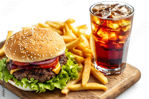 Burger fries cold drink fast food board against white background - Ai Generated